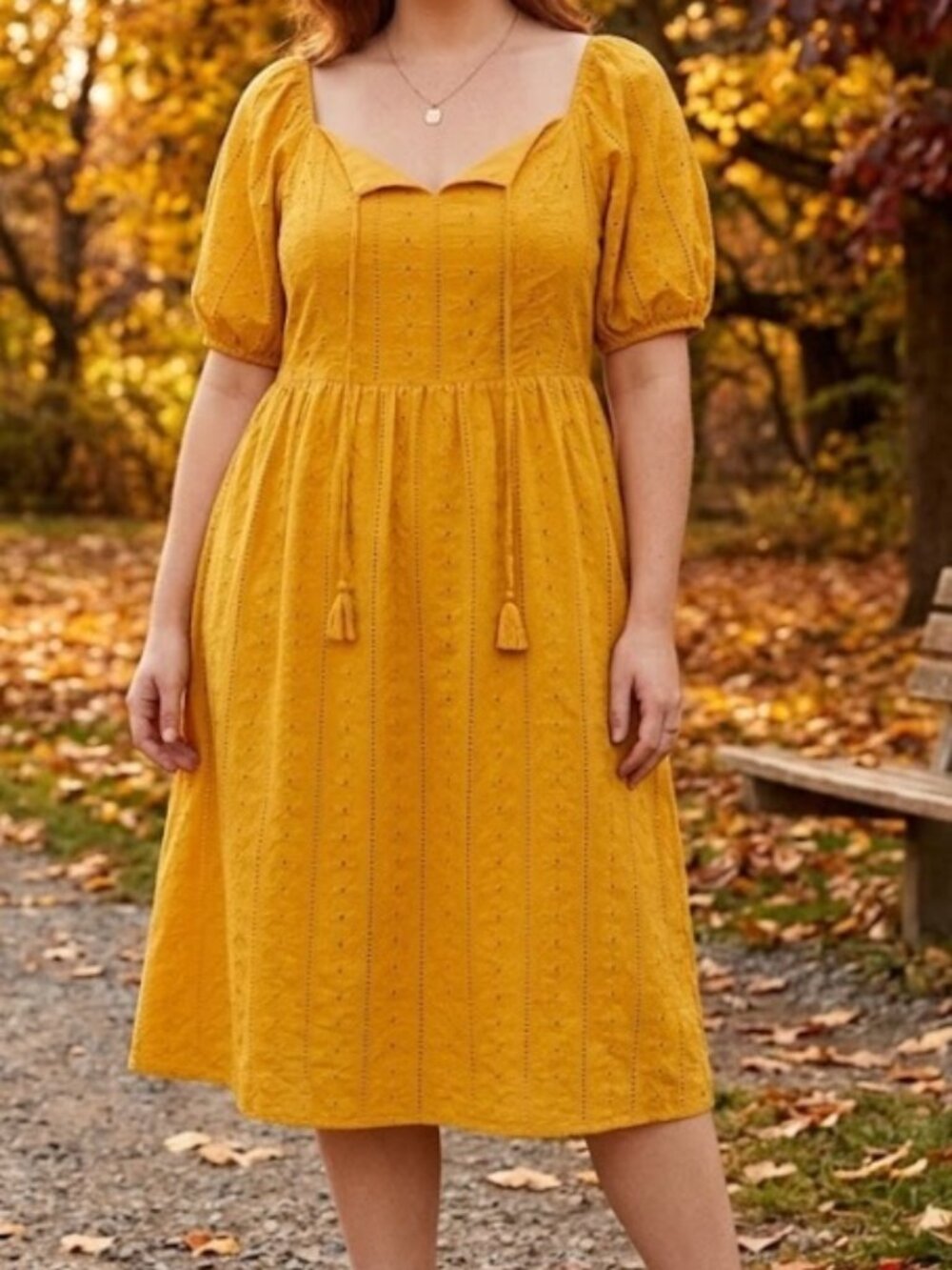 Vibe Autumn Gold Square Neck Eyelet Dress Fall 3X